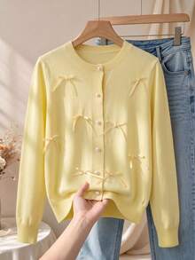 BYGOUBY Cardigan Rajut Polos dengan Pita, Lengan Panjang, Gaya Musim Gugur/Dingin - Kuning - View 5