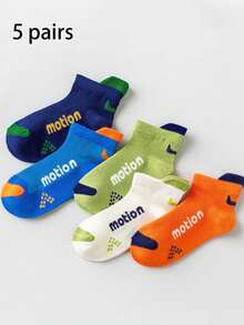5 Pairs 2-16 Years Old Kids Summer Socks, Simple Colorblock Mesh Letter Sports Short Socks, Suitable For Boys - Multicolor - View 1