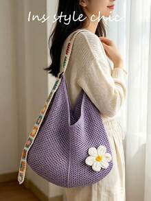 Crochet Flower Decor Colorful Square Crochet Strap Knitted Shoulder Bag Open Closure Spacious Convenient Access Suitable For Travel Vacation Outing Commute Shopping - Purple - View 6