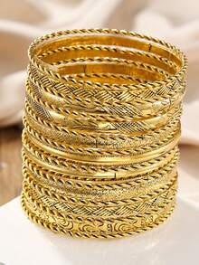 RINTOLER 19pcs Niche Creative Design Woven Geometric Flower Twisted Iron Bracelet Set, Vintage Style Antique Gold Iron Alloy Closed Cuff Bracelets - ZJ10588-19 Pieces Of Gold Bracelet - View 6