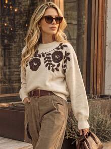 NiceArt Women's Autumn/Winter Vintage Embroidered Floral Knit Pullover Sweater, Suitable For Autumn Outfits, Social Events, Renaissance Style, Halloween - Apricot - View 4