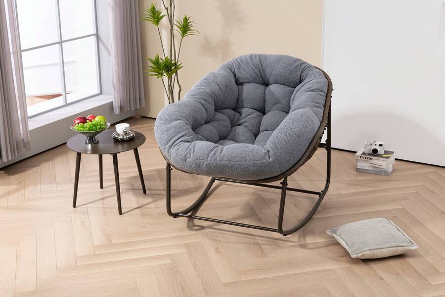 Outdoor Rattan Rocking Chair,Padded Cushion Rocker Recliner Chair Outdoor For Front Porch, Living Room, Patio, Garden, Gray - A - 查看 1