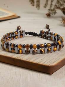 1 pieza Pulsera de cuentas de piedra de ojo de tigre de doble capa hecha a mano, estilo tejido, símbolo de riqueza y prosperidad, perfecta para uso diario o como regalo - Multicolor - Ver 3