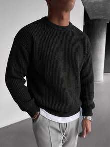 1pc Boy & Boys' Simple Solid Color Comfortable Casual Outdoor Loose Hollow Knit Sweater, Crew Neck Pullover, Thick For Autumn/Winter - Black - View 3