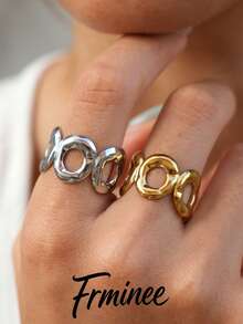 Frminee 2pcs/1pc 18K Gold Plated Stainless Steel Hammered Hollow Round Ring, Unique Asymmetrical Texture Minimalist Style Stackable Charming Jewelry - Multicolor - View 1