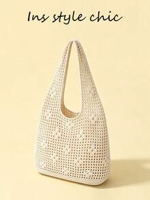 Mesh 3D Crochet Hollow Out Knitted Shoulder Bag, Transparent Mesh Lightweight Breathable Large Capacity Open Top Design, Niche Style, Suitable For Vacation, Travel, Dating, Shopping, Commuting, Outdoor Outings (No Lining) - Apricot - View 4