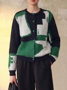 Cardigan Sweater Leher Bulat Desain Blok Warna Artistik Kasual Musim Gugur/Dingin untuk Wanita - MultiWarna - View 3