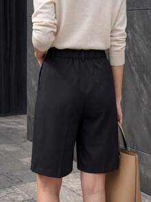 1pc Women's Solid Color High Waist Suit 5-Point Pants, Front Center Line Pleated Draped Slimming Straight Leg Mid-Length Trousers Black Summer - Black - View 3