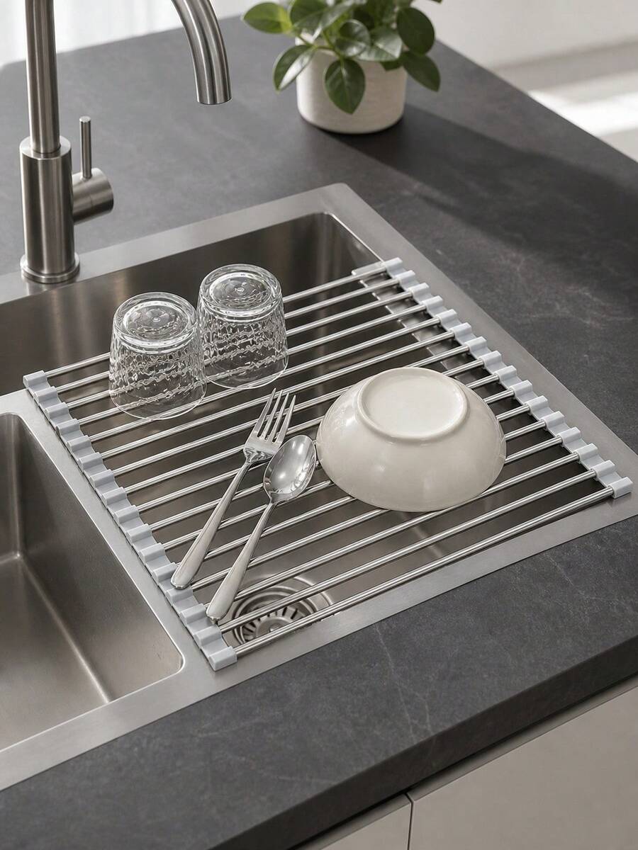 Rak Pengering Piring Gulung Stainless Steel, Pengering Wastafel dengan Tepi Silikon, Alas Pengering Wastafel Dapur Lipat, Cocok untuk Gelas, Mangkuk, Buah dan Sayuran, Rak Penyimpanan Meja Hemat Ruang, Cocok untuk Rumah, Apartemen, RV dan Dapur Asrama, Desain Kompak Modern