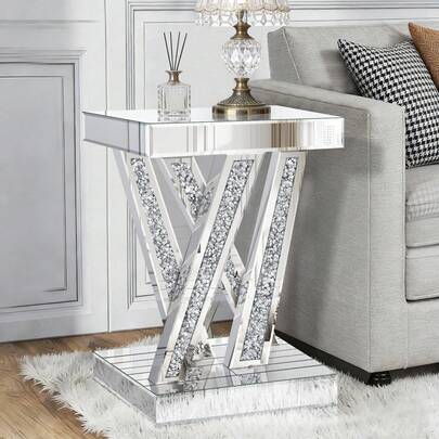 Mirrored Square End Side Table, Crushed Crystal Inlaid X‑Shaped Frame 22.4 Inch Height Silver Glossy Accent Table, Glam Decorative Sofa Side Table For Living Room Bedroom Corner