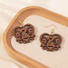 Women's Personalized Initial Wooden Earrings, Hollow Heart Daisy Flower Pattern 26 Letter Dangle Earrings - Brown - View 24