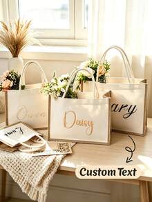 Personalized Custom Embroidered Name Canvas Linen Tote Bag, Large Capacity Handbag, Bridesmaid Gift Bag, Casual Commuter Shopping Shoulder Bag For Women - Multicolor - View 2