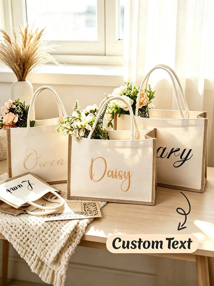 Personalized Custom Embroidered Name Canvas Linen Tote Bag, Large Capacity Handbag, Bridesmaid Gift Bag, Casual Commuter Shopping Shoulder Bag For Women