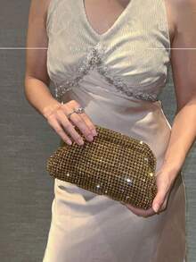 奢華女款水鑽貝殼夾扣晚宴手拿包 新娘包，適合派對、舞會、婚禮、晚餐/宴會，搭配正式禮服 - 金色 - 查看 1