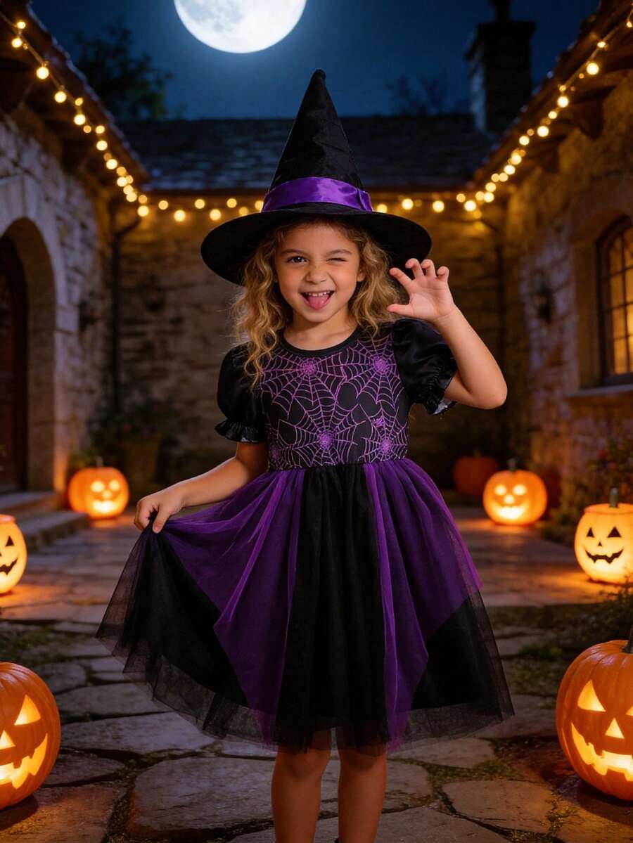Halloween Girls Toddler Dress, Cute Casual Purple Spider Web Print Petal Sleeve Short Sleeve Round Neck Mesh Patchwork Dress - Purple - View 1