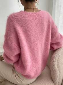 Suéter de punto fino de unicolor con cuello en V - Rosa frambuesa - Ver 2