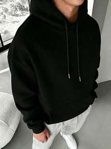 Men's All-Match Solid Color Loose Fit Hoodie, Solid Color Kangaroo Pocket Pullover, Minimalist Drawstring Metal Head Versatile Drop Shoulder, Minimalist No Print All-Match Metal Drawstring, Versatile Design For Layering And Casual Wear, Unisex - Black - View 4