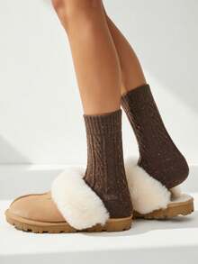 1/4/5 pares de calcetines de lana estilo romántico francés, calcetines de media pantorrilla engrosados con patrón de punto de cable para mujeres, otoño/invierno - Multicolor - Ver 2