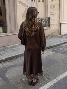 FOR BEAUTY Fall Winter Women Sweaters Y2K Chic Dark Brown Fuzzy Mohair Knit Tops Crewneck Loose Pullover Drop Shoulder Office Brunch Outfits - Red Coffee - View 9