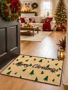 1pc, Winter Christmas Green Christmas Tree Blessing Pattern Door Mat, Seasonal Style Machine Washable Polyester Fiber Mat, Suitable For Indoor, Party, Daily Decoration, All Season Use - Yellow - View 11