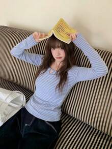 Vintage Striped Fitted Round Neck Hollow Design Base Layer Top, Suitable For Early Autumn - Blue and White - View 4