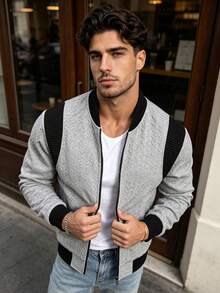 Jaket Varsity Kerah Baseball Patchwork Blok Warna Pria Musim Semi/Gugur - Grey - View 1