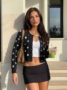 Women's Cardigan Sweater, Round Neck, Single-Breasted Button Closure, Long Sleeve, European And American Modern Style, Daily Wear, Colorblock Polka Dot, Versatile For Single Wear Or Layering, Warm, Autumn/Winter - Black - View 6