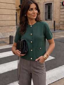 Women's Casual Knit Cardigan Top With Pockets, Short Sleeve T-Shirt, Spring/Summer - Green - View 1