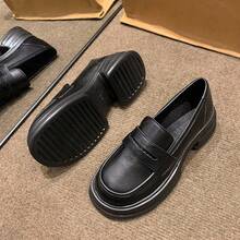 Women's Round Toe Thick Sole Platform Loafers, Vintage British Style Slip-On Spring Autumn College Commuter Shoes - Black - View 6