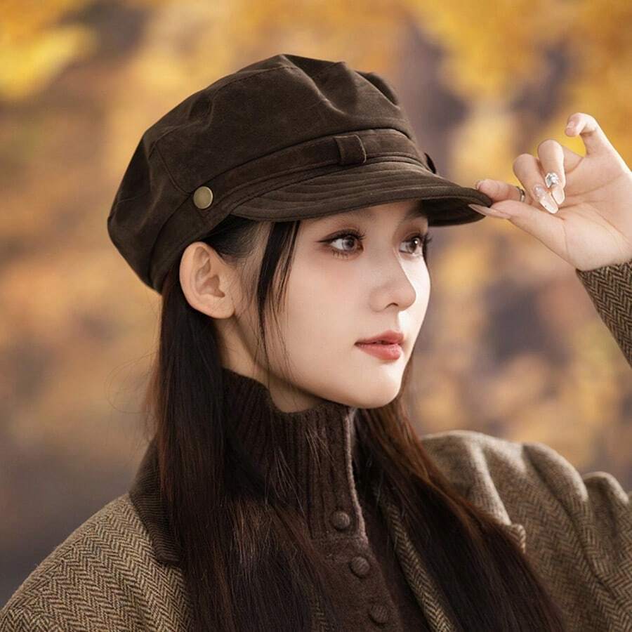 Vintage British Style Beret Hat Autumn/Winter Women's Fashion Octagonal Cap Premium Warm Newsboy Cap Flat Top Newsboy Cap Korean Style Versatile Solid Color Suede Polyester Fiber Baseball Cap - Hat - View 1