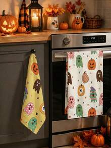 2 Packs Retro Cartoon Ghost & Pumpkin Halloween Hand Towels, Soft Printed Absorbent Kitchen Dish Tea Towels For Home Party Decoration - A - View 3