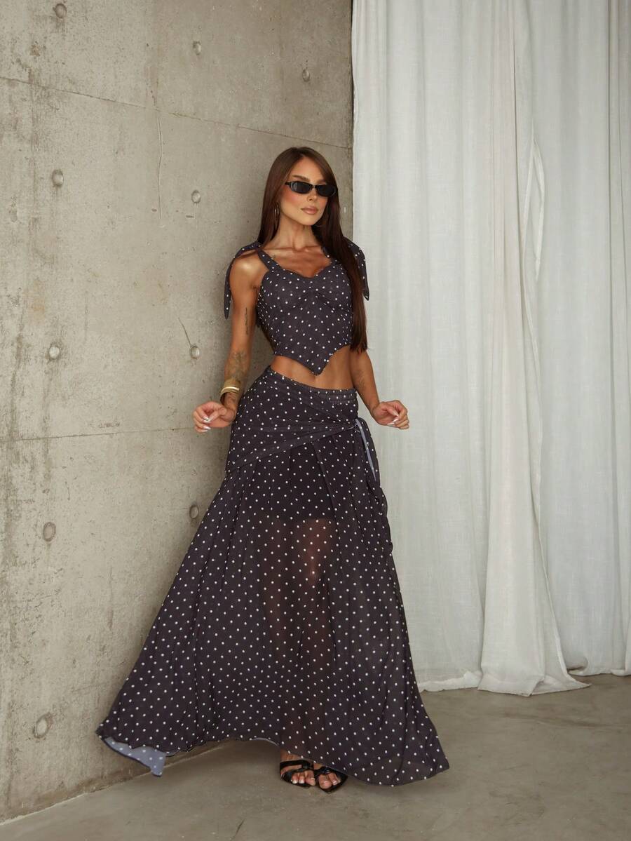 Conjunto Feminino Saia Longa Cropped Poá Musseline com Lenço, Amarração e Forro