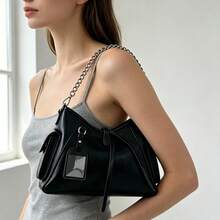 JRESSIAL Women's Y2K Chain Strap Underarm Shoulder Bag, Multi‑Pocket Faux Leather Hobo Bag With Decor Tag, Casual Daily Shoulder Handbag - Black - View 3