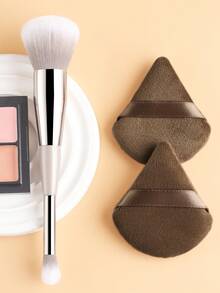 ronshadow 1pc Dual-Head Makeup Brush With Powder Puff Set, Face Powder Brush + Detail Blending Brush Dual-Use, With Triangle Flocked Powder Puff, Beginner Makeup Tool - Multicolor - View 6