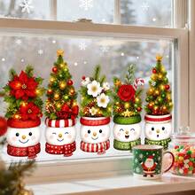 1/3pcs Cartoon Snowman And Santa Claus Head Potted Plant Window Sticker, Double-Sided Visible PVC Electrostatic Adsorption Glass Sticker, Suitable For Living Room, Kitchen, Dining Room, And Home Decoration. - Multicolor - View 9