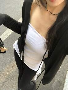 V-Neck Tie-Up Knit Cardigan For Women, Lightweight Loose Casual Short Jacket For Summer Black Fall - Black - View 2