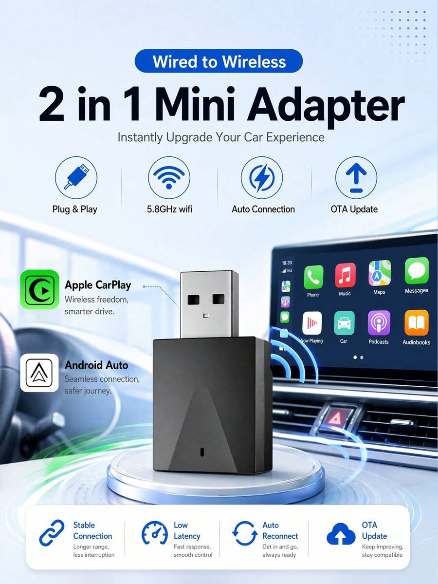 XUDA 2026 New Mini Wired To Wireless 2-In-1 Adapter, Wireless CarPlay & Android Auto, Plug And Play, Compatible With 99% Original Vehicles With CarPlay/Android Auto, 2.4~5.0 GHz WiFi5 - A - View 1