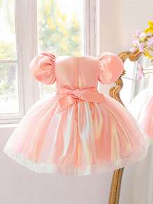 Young Girls Puff Sleeve Faux Pearl Dreamy Colorful Organza Party Dress, Suitable For Stage And Runway, Fabric Pattern Randomly Cut, Headband Not Included - Baby Pink - View 2