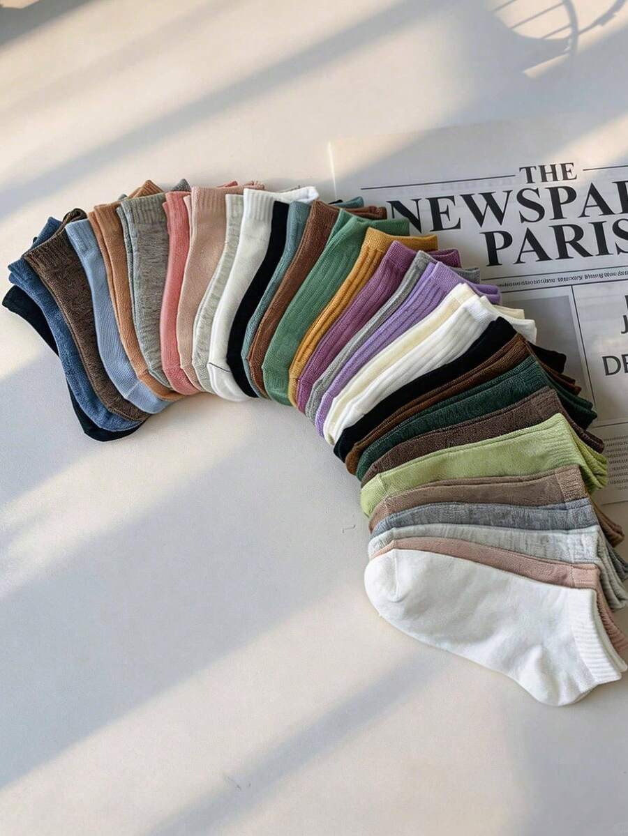1/5/10/30 Pairs Women's Ankle Socks, Random Solid Color Design With Vertical Stripes, Breathable And Soft, Suitable For Daily Wear, Versatile For Multiple Styles - Multicolor - View 1
