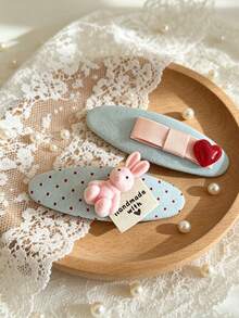 2pcs Soft Pink Rabbit Heart Shaped Hair Clips, Unique Fabric Bow Oval Side Clips, Girly Hair Accessories (Slight Variation In Doll Position Due To Batch Difference) - Multicolor - View 8