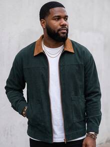 Plus Size Men's Retro Corduroy Contrast Color Collar Casual Loose Fit Jacket, Suitable For Casual Outings, College Style Outerwear - Dark Green - View 2