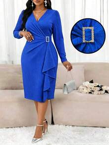 Plus Size Women's Elegant V-Neck Pleated Long Sleeve Midi Dress, Rhinestone Square Buckle Decor, Fitted Ruffle Hem, Suitable For Party, Banquet, Gathering, Evening Dress - Blue - View 2
