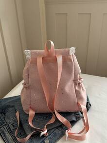 Colorblock Star Decor Backpack, Drawstring Closure Flap Lace Large Capacity, Suitable For Travel, Shopping, Vacation, Japanese Style, Back To School Season - Pink - View 8