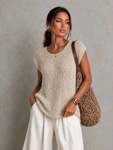 Women's Apricot Breathable Hollow Crochet Knit Vest, Summer Beach Casual Sleeveless Tank Top, Women's Hollow Knit Top, Suitable For Daily Wear, Casual Commuting, Vacation, Preppy Style - Apricot - View 2