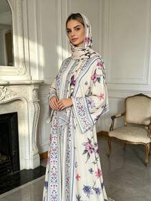 Abaya Terbuka Motif Bunga dengan Hijab Senada, Jubah Maxi Wanita Lengan Panjang dengan Hiasan Geometris Kontras - MultiWarna - View 23