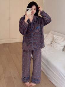 2pcs/Set Autumn/Winter Heart Print Flannel Pajamas, Lapel Front Pocket Open Front, Romantic Casual Loungewear - Brown - View 6