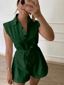 Women's Clothing/Romper/Waist Tie/Linen - 軍綠色 - 查看 1