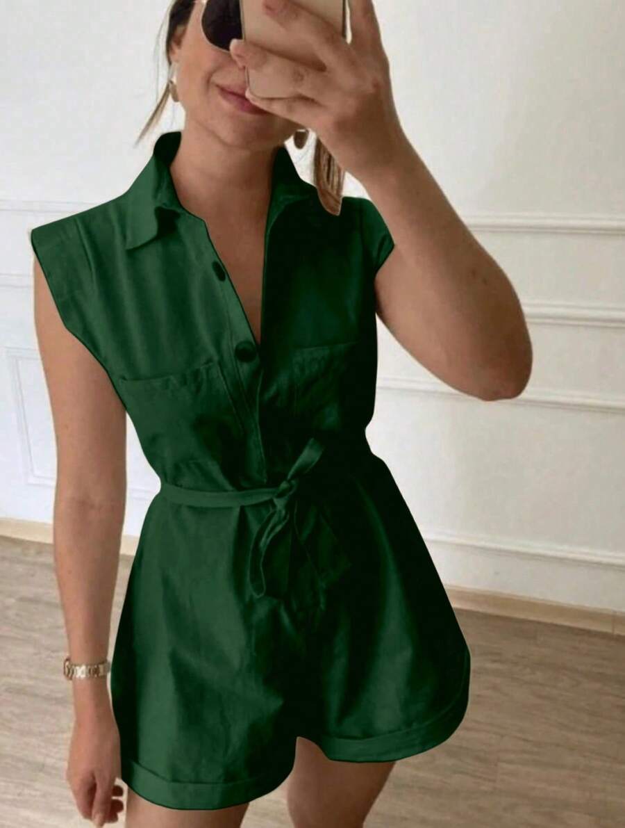 Women's Clothing/Romper/Waist Tie/Linen - 軍綠色 - 查看 1