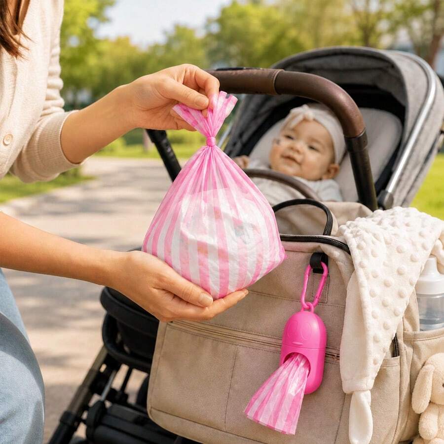 60入/4捲條紋圖案嬰兒尿布垃圾袋，附1個可攜式企鵝造型收納盒，尿布處理袋，車用垃圾袋，適用於嬰兒車、客廳、浴室及戶外旅行 - 彩色 - 查看 1