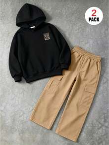 2pcs Boys' Casual Outfit, Including A Slogan Pattern Hoodie+Cargo Pants,Soft And Comfortable Casual Set,Autumn&Winter Attire - Multicolor - View 3